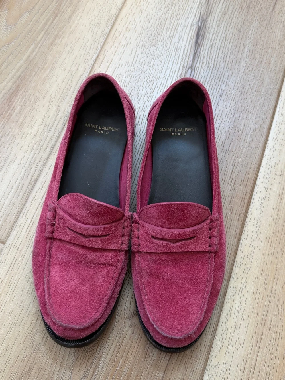 Saint Laurent women’s Suede Penny Loafers in Deep Berry 39